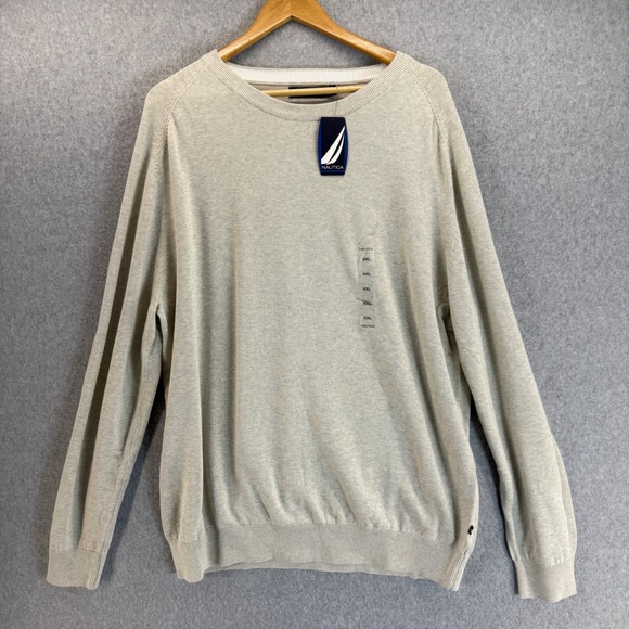 Nautica Crewneck Sweater Cotton Long Sleeve Oatmeal Heather‎ Mens Size XXL NWT - Picture 1 of 13